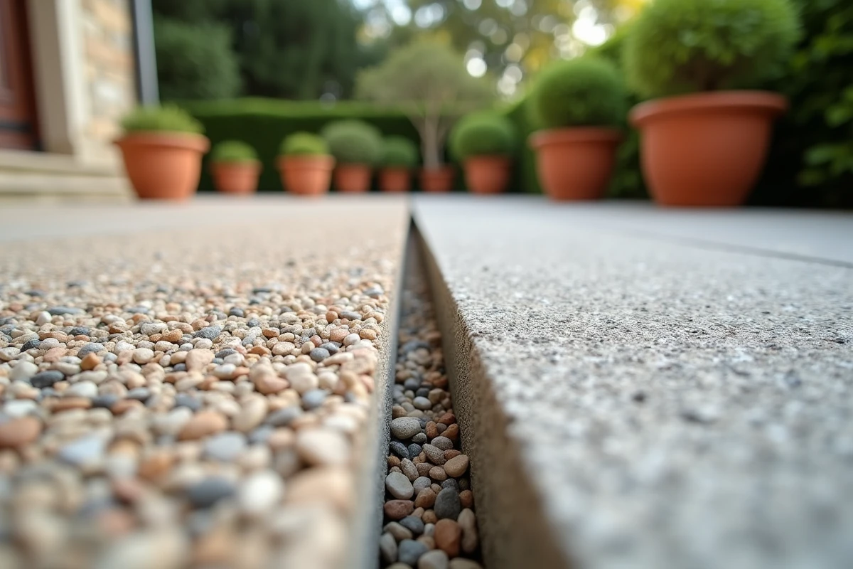 Comparaison entre une pose de béton désactivé réussie et une pose défectueuse sur une terrasse extérieure