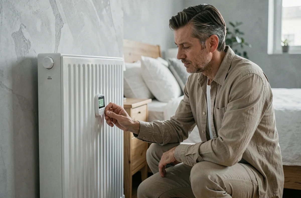 Homme vérifiant le réglage d'un radiateur électrique à inertie dans une chambre contemporaine
