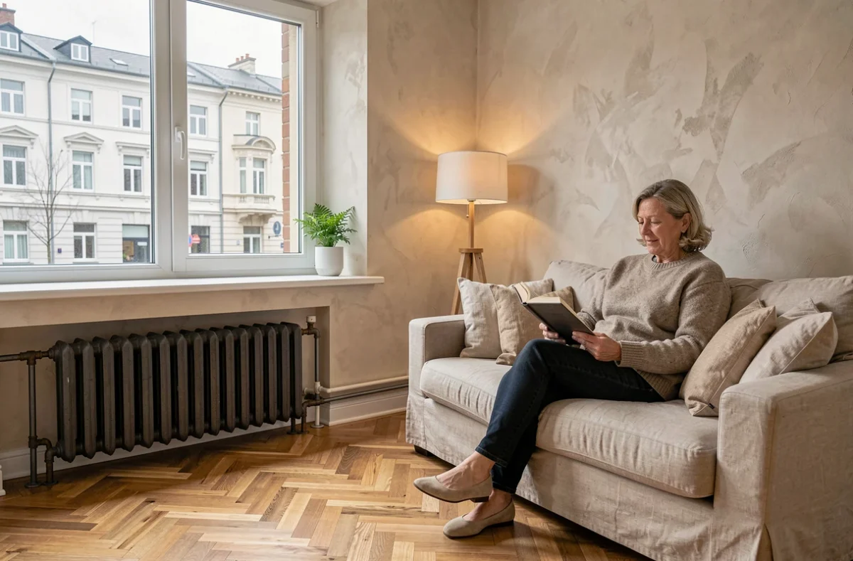 Radiateur fonte alimenté par une pompe à chaleur haute température dans un appartement moderne bien isolé