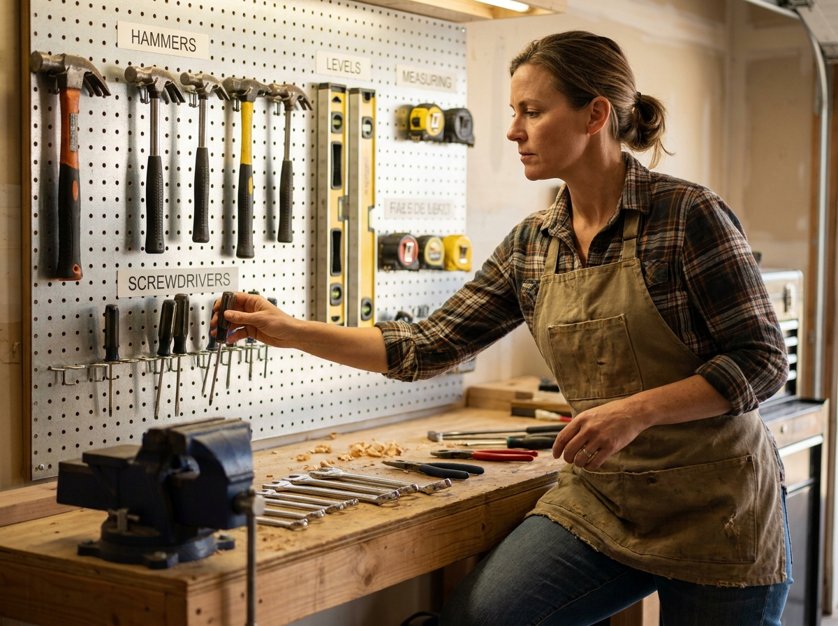 Outils rangés de manière accessible sur un panneau mural au-dessus d'un établi de garage