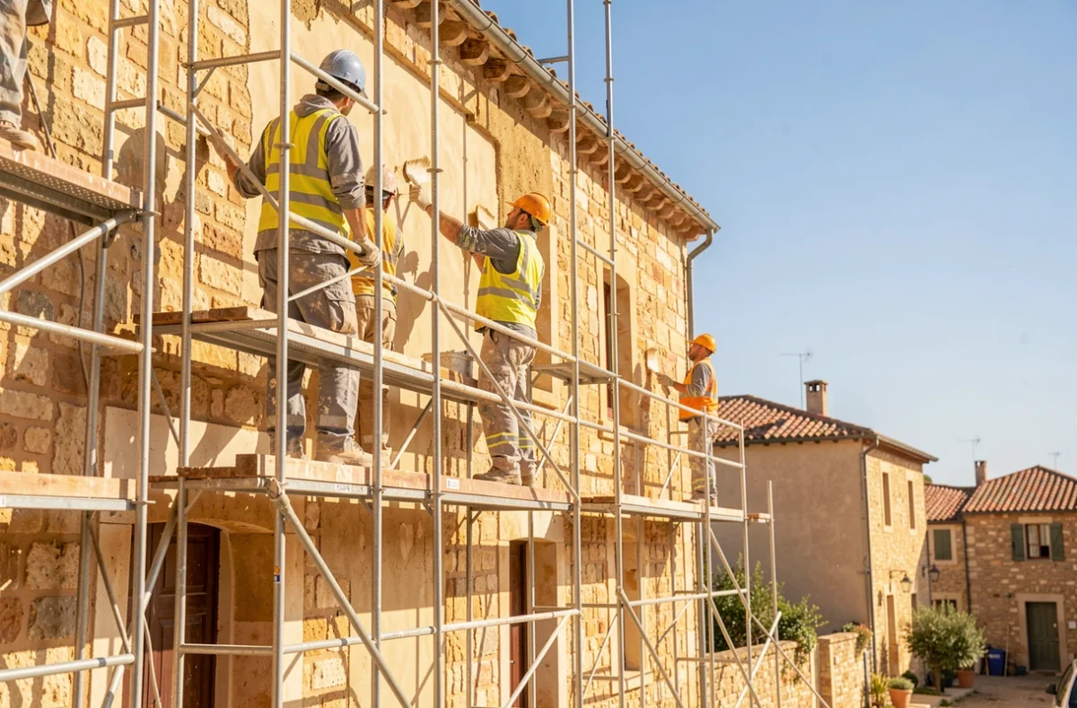 Vue large d'un ravalement de façade en cours sur un bâtiment traditionnel en pierre d'Occitanie avec échafaudages et ouvriers professionnels