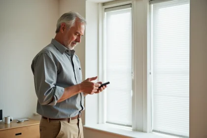 Homme adulte utilisant une télécommande Bubendorff pour réinitialiser un volet roulant dans un salon moderne