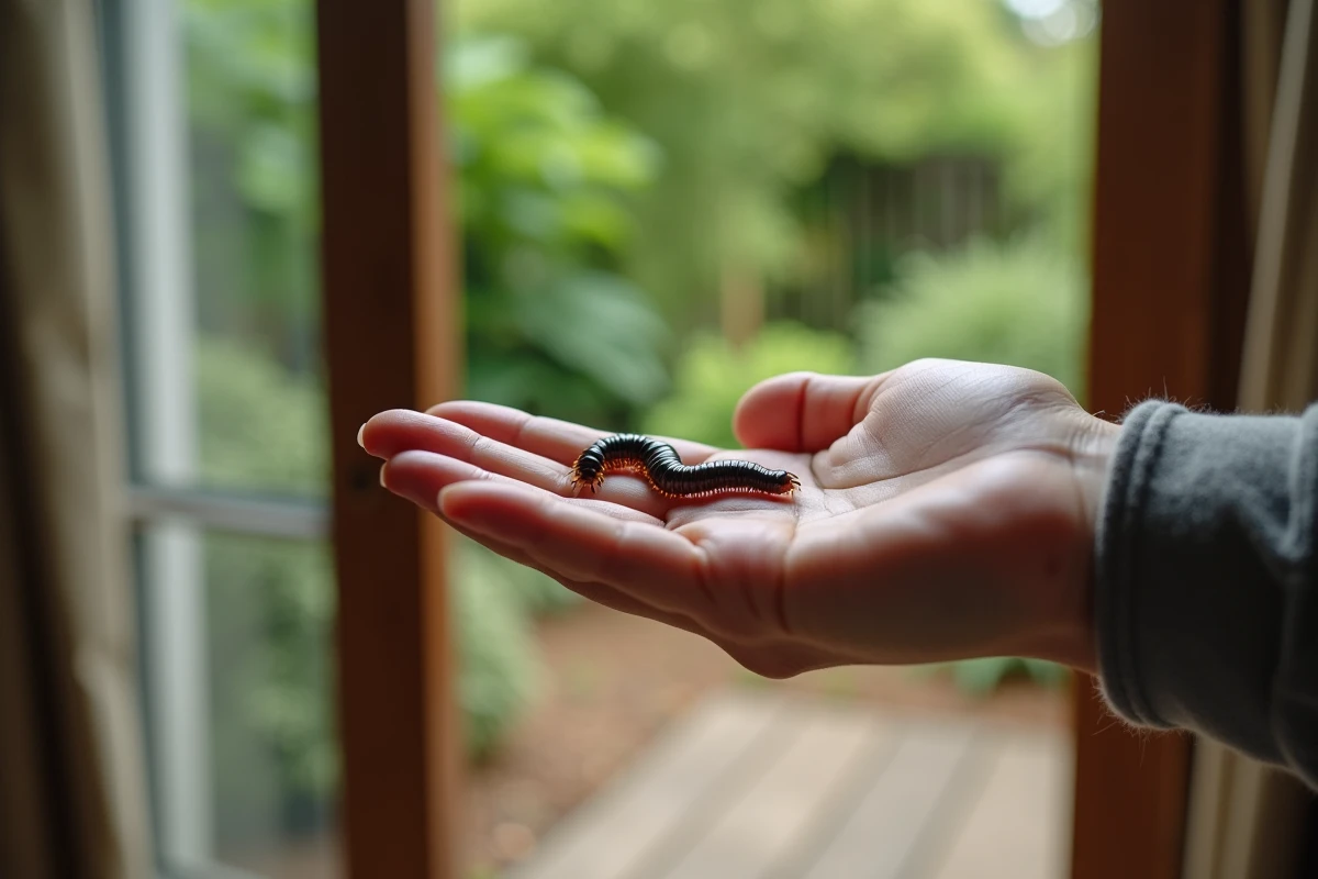 Main tenant délicatement un iule maison pour le relâcher dehors, avec un jardin visible en arrière-plan