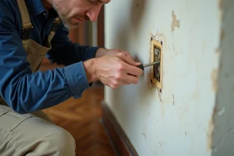Électricien retirant une ancienne prise de courant jaunie d'un mur blanc dans un salon français