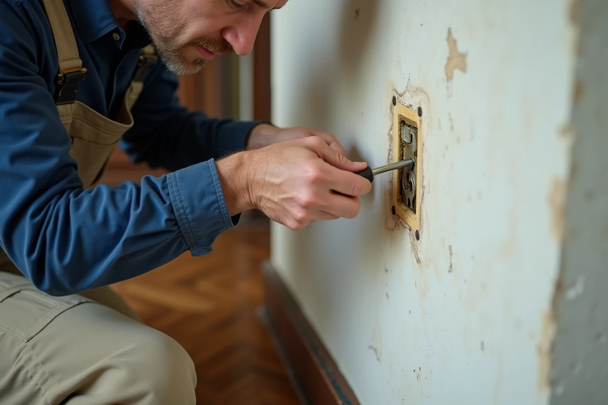 Électricien retirant une ancienne prise de courant jaunie d'un mur blanc dans un salon français