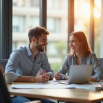 Jeune adulte souriant rencontrant un conseiller logement dans un bureau lumineux