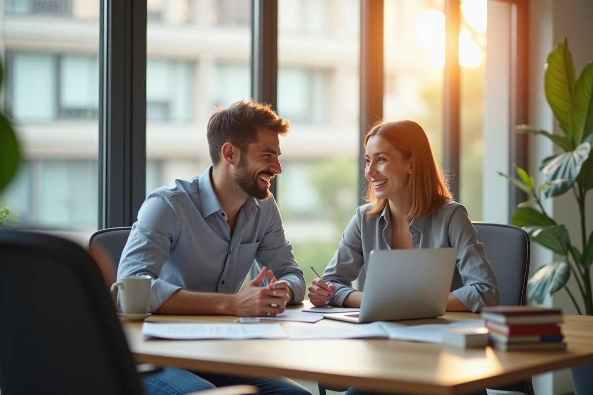 Jeune adulte souriant rencontrant un conseiller logement dans un bureau lumineux
