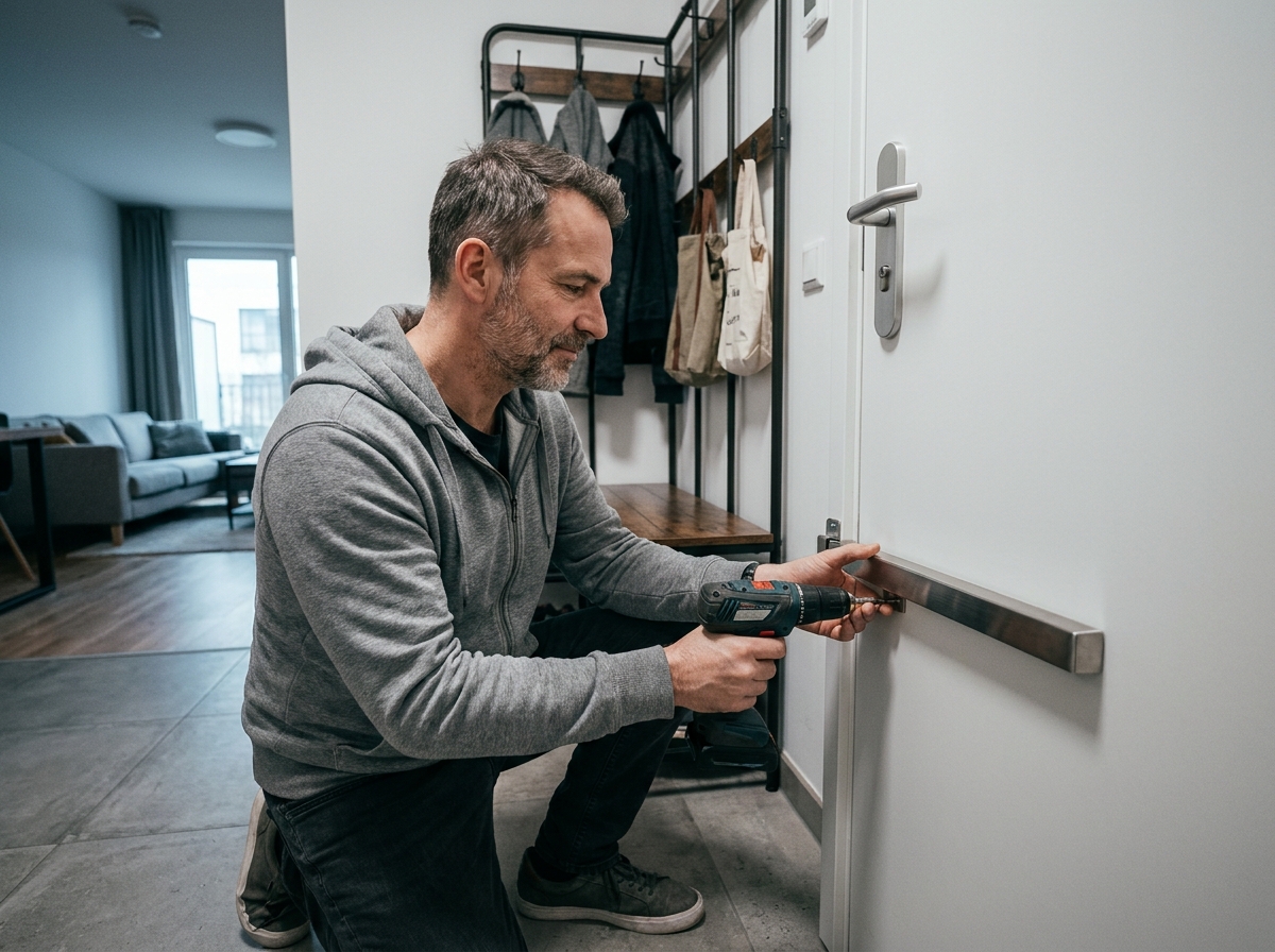 Homme installant une barre de sécurité de porte dans l'entrée d'un appartement urbain moderne