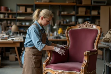 Artisane rénovant un fauteuil Voltaire ancien dans un atelier de tapisserie avec outils et tissus
