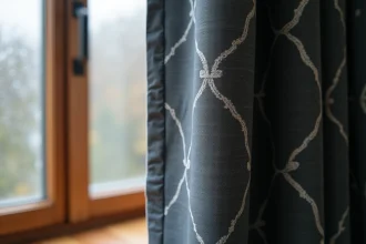 Gros plan sur un rideau occultant thermique à motif géométrique charbon, révélant la texture multicouche isolante et l'endos alvéolé