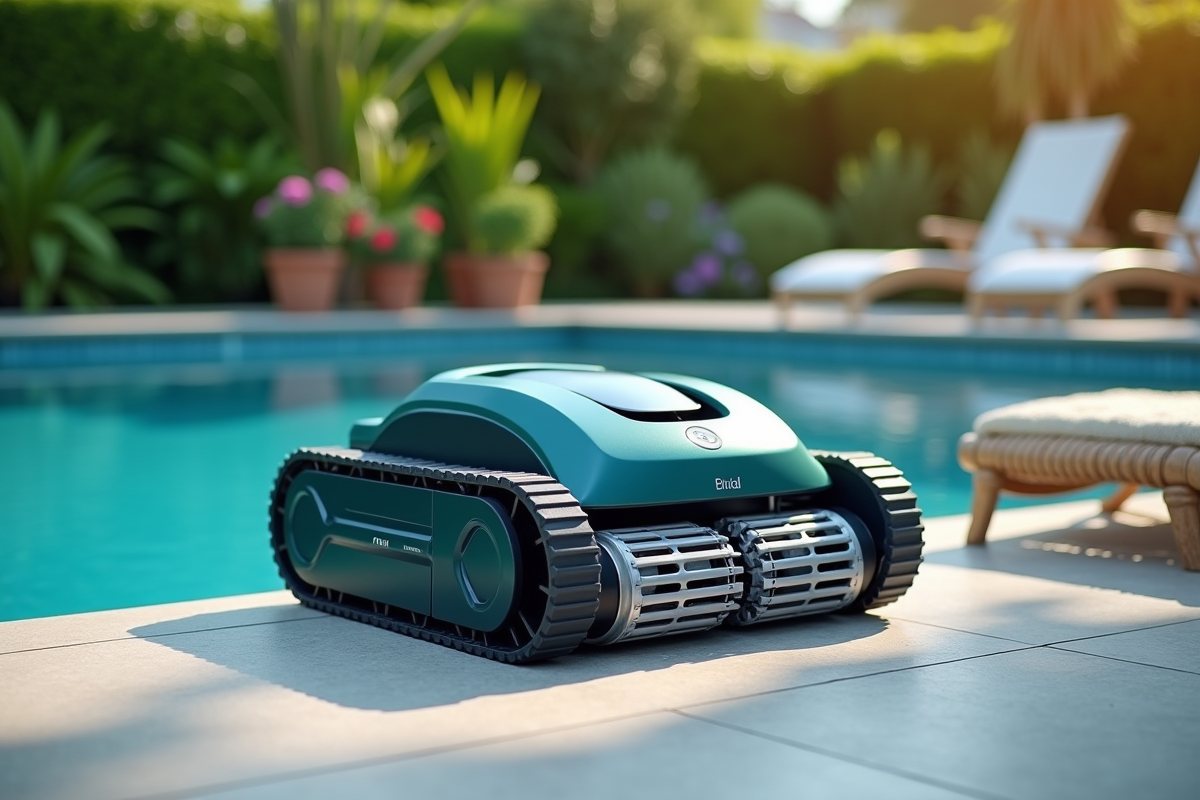 Aspirateur piscine robot posé sur le patio avec outils de maintenance et verdure