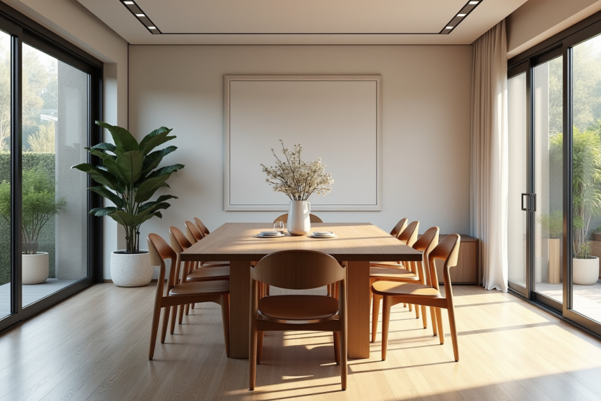 Salle a manger moderne avec grande table en bois et decor cozy