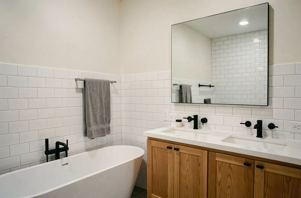 Salle de bain d'appartement de 6 m² avec baignoire îlot, double vasque et carrelage métro blanc, robinetterie noire mate