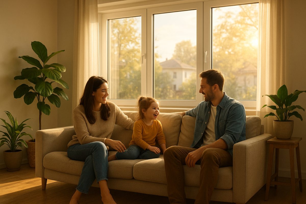 Salon moderne avec grandes fenêtres et famille confortable