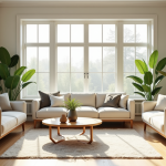 Salon lumineux avec mobilier scandinave et plantes vertes