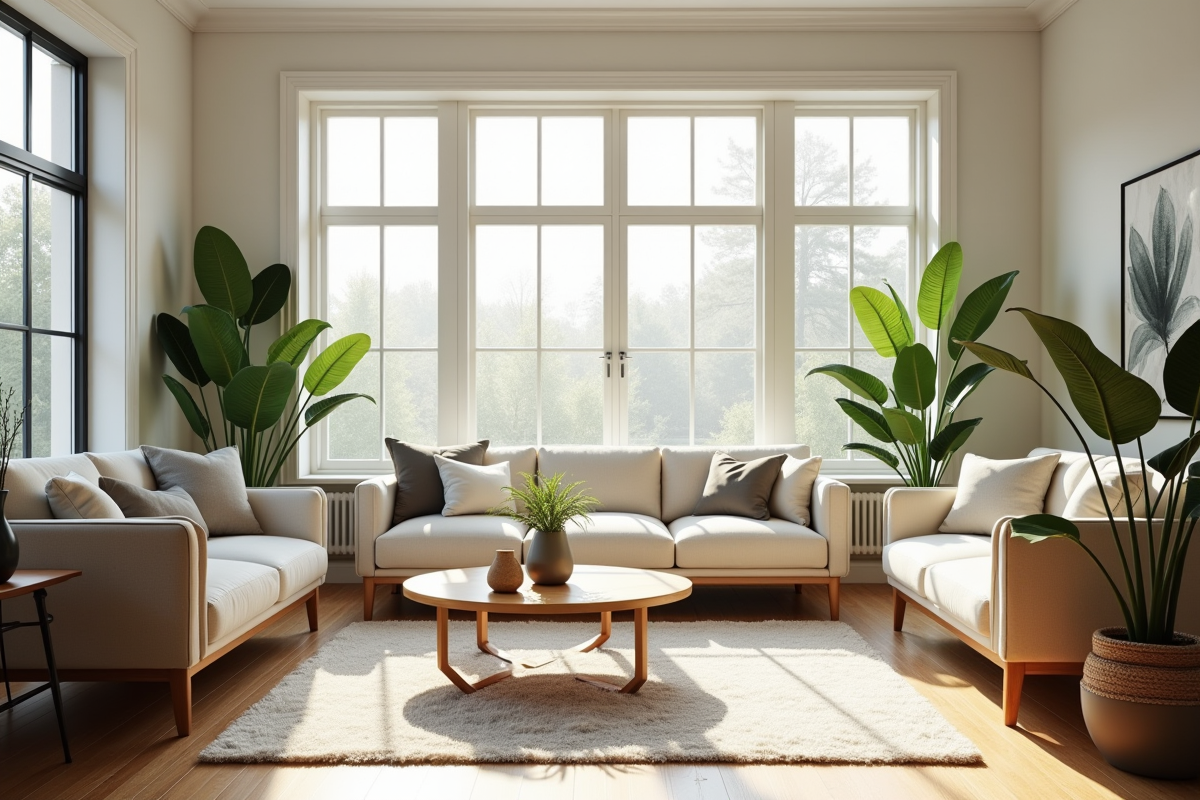 Salon lumineux avec mobilier scandinave et plantes vertes