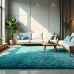 Salon moderne avec tapis teal et lumière naturelle