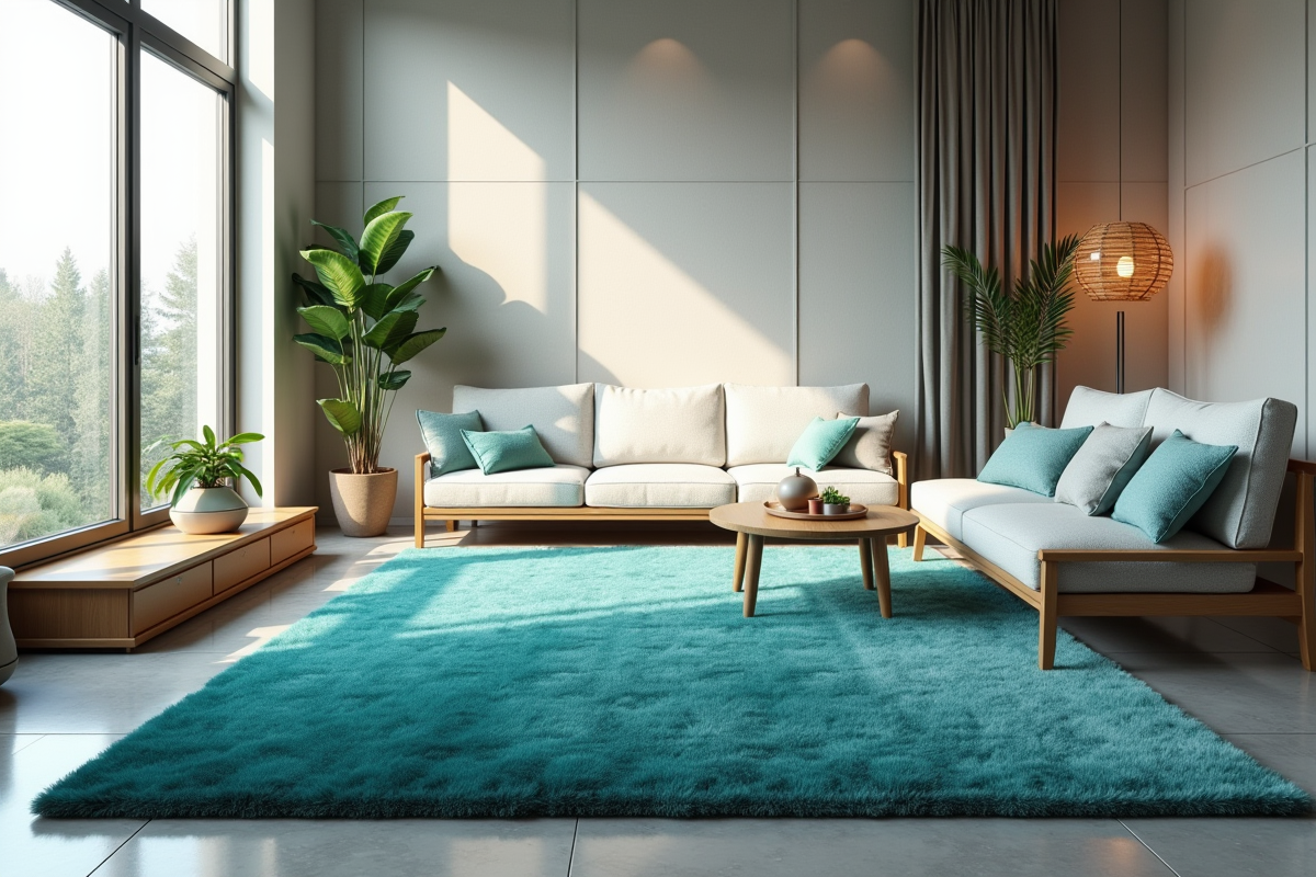 Salon moderne avec tapis teal et lumière naturelle