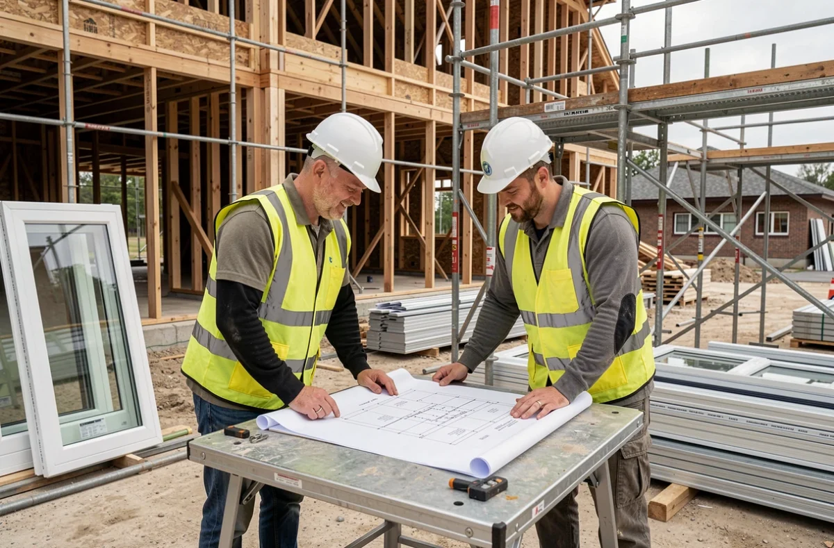 Équipe de la SARL S.T.B sur un chantier de rénovation bâtiment, consultants des plans techniques de menuiserie polyvalente