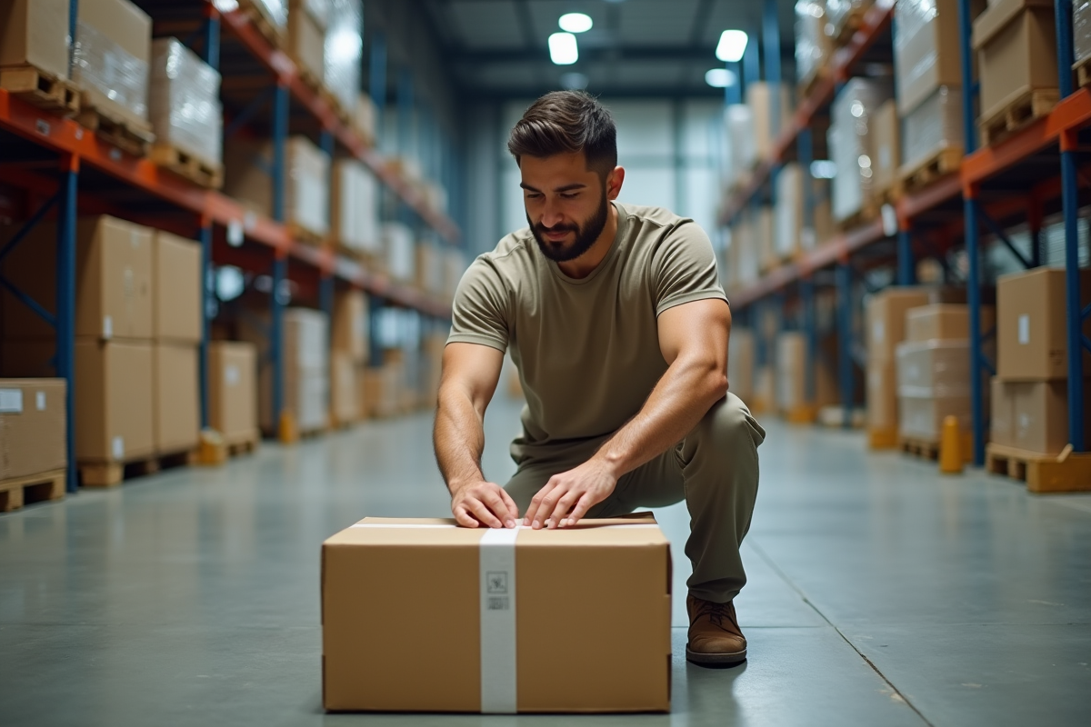 Jeune homme scellant un colis dans un entrepôt industriel