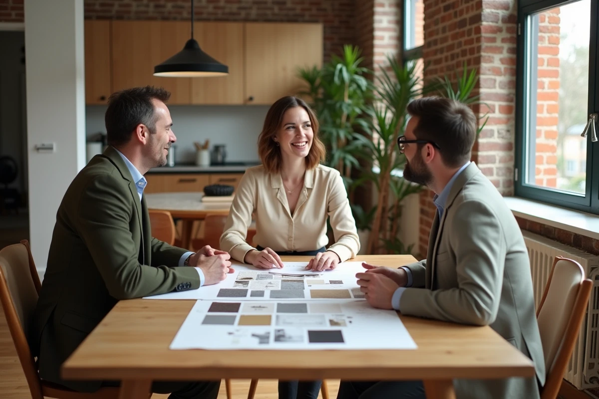 Décoratrice intérieure présentant un moodboard à un couple lors d'une séance de conseil décoration chez eux