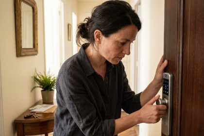 Femme examinant une serrure connectée sur la porte d'entrée d'un appartement parisien