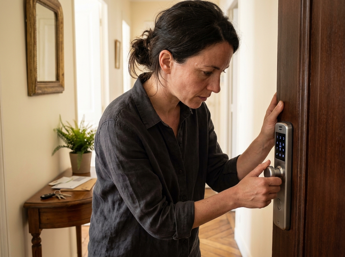 Femme examinant une serrure connectée sur la porte d'entrée d'un appartement parisien
