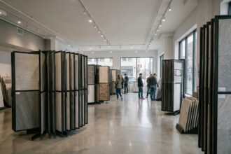 Vue panoramique d'un showroom carrelage moderne avec plusieurs présentoirs de carrelage disposés dans un espace de vente aéré