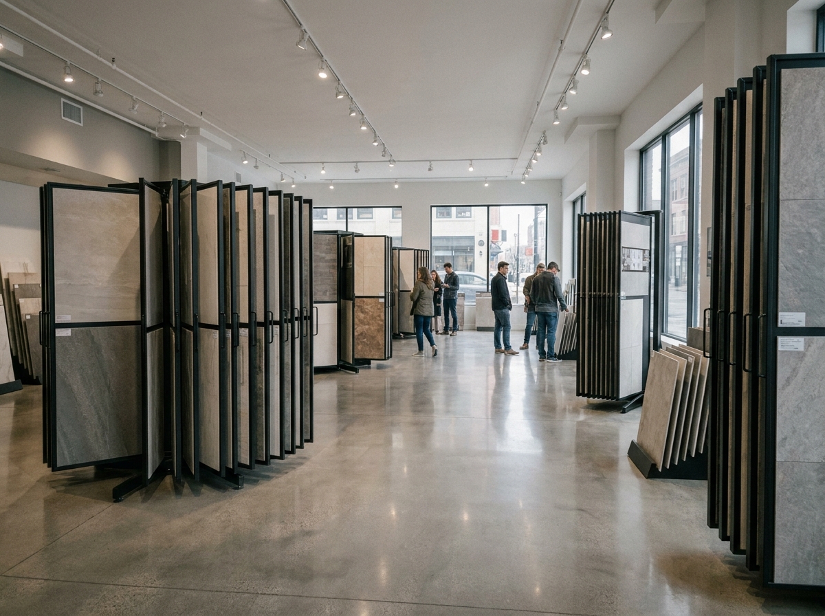 Vue panoramique d'un showroom carrelage moderne avec plusieurs présentoirs de carrelage disposés dans un espace de vente aéré