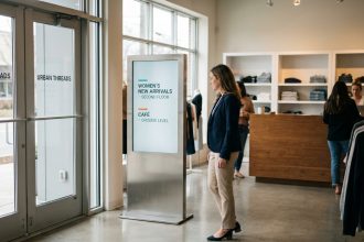Femme consultant une signalétique directionnelle à l'entrée d'une boutique moderne avec sol en béton poli