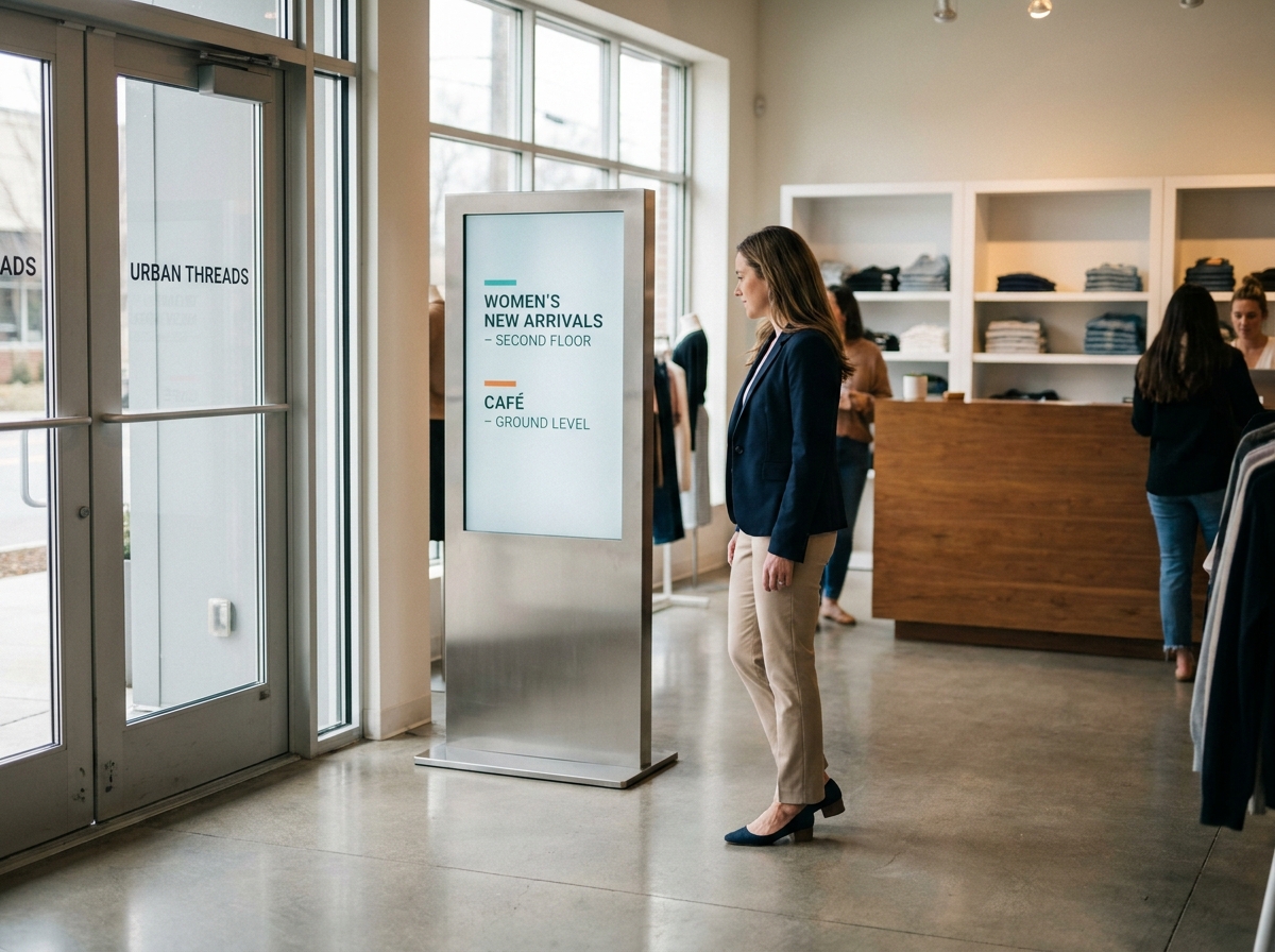 Femme consultant une signalétique directionnelle à l'entrée d'une boutique moderne avec sol en béton poli