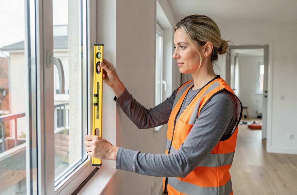 Spécialiste féminine en pose de fenêtres vérifiant l'alignement d'une fenêtre en aluminium dans un appartement rénové en Haute-Garonne