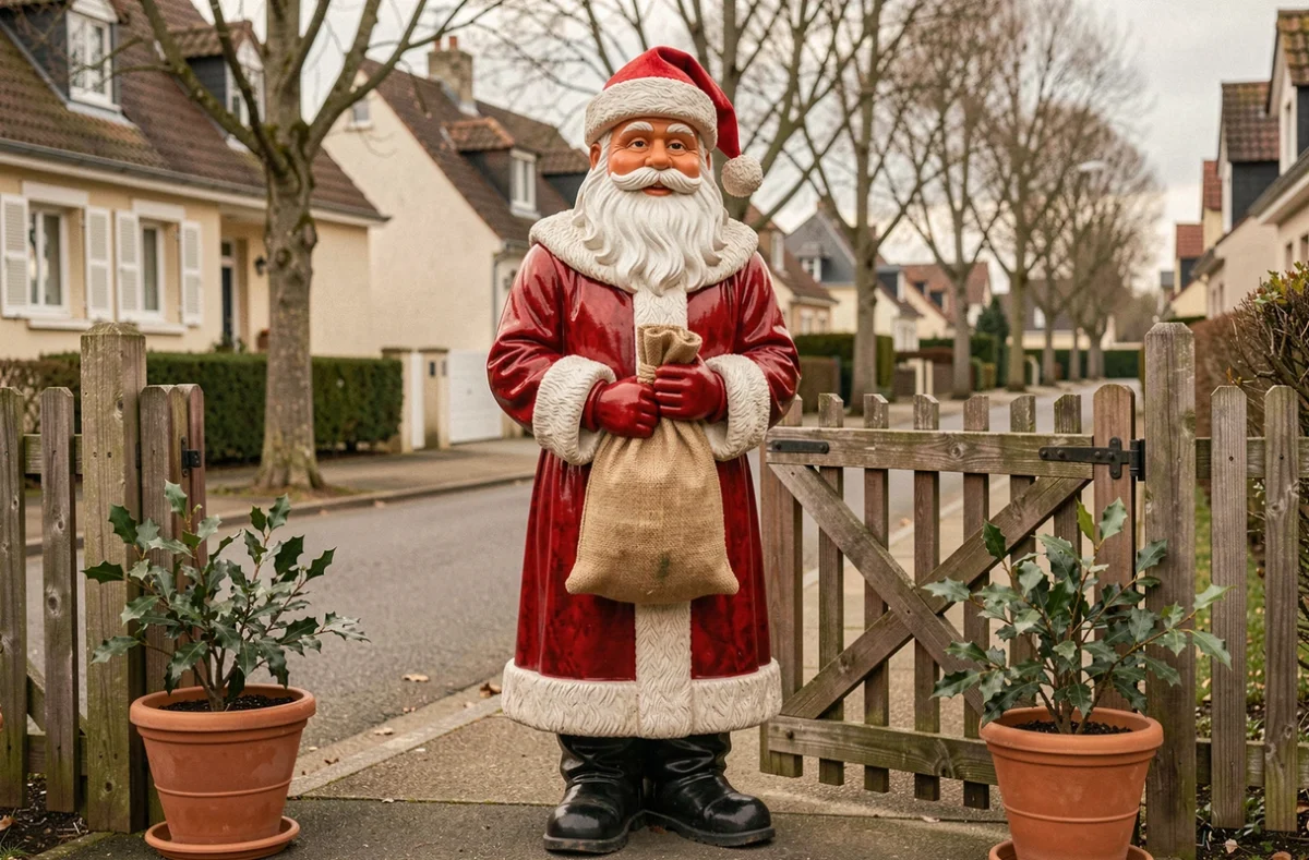 Grande statue de père Noël en résine devant l'entrée d'une maison pavillonnaire française, décoration extérieure de Noël pour jardin et allée