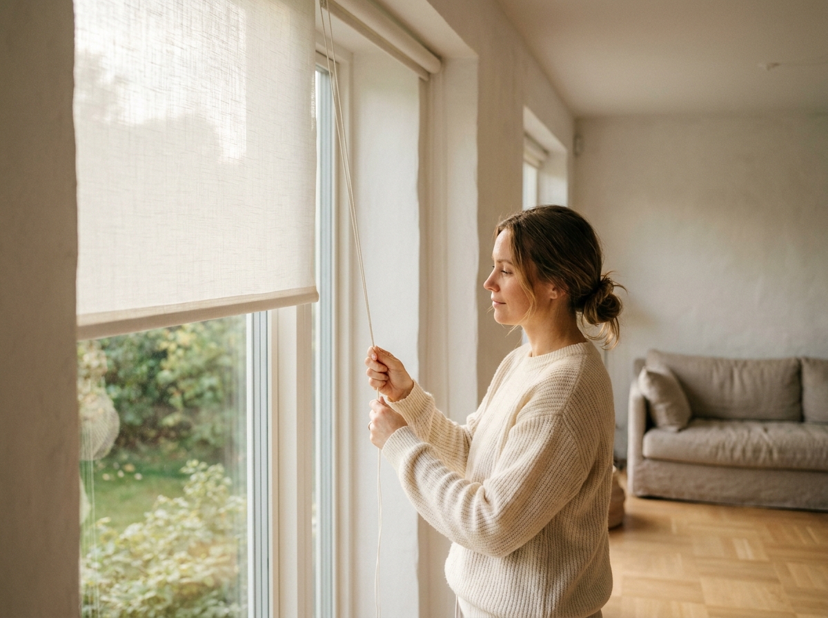 Femme ajustant un store intérieur en tissu blanc dans un salon scandinave lumineux avec parquet chêne