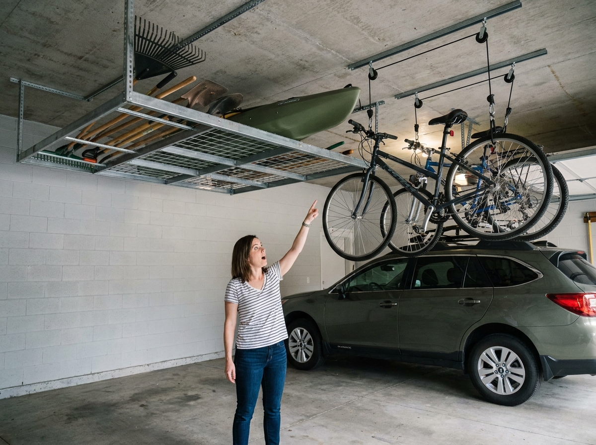 Système de suspension au plafond dans un garage avec vélos et outils accrochés pour libérer de la place