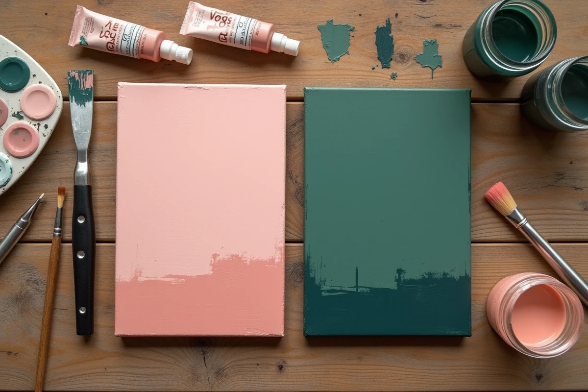 Vue de dessus d'une table d'atelier avec deux petits tableaux minimalistes en aplats rose et vert et des outils de peinture