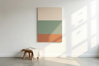 Tableau minimaliste en aplats de couleur sage, terracotta et ivoire accroché sur un mur blanc épuré dans un appartement studio
