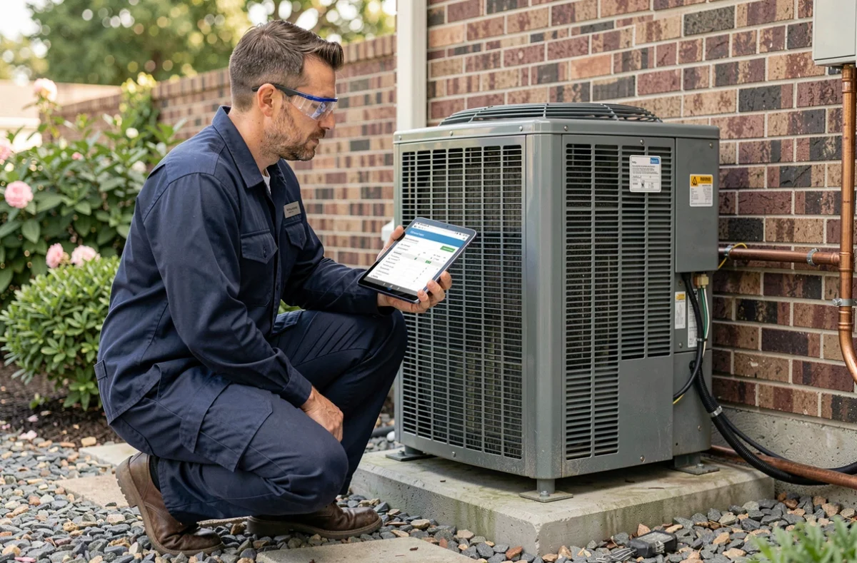 Technicien en chauffage dimensionnant une pompe à chaleur air-air installée à l'extérieur d'une maison individuelle