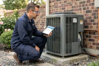 Technicien en chauffage dimensionnant une pompe à chaleur air-air installée à l'extérieur d'une maison individuelle