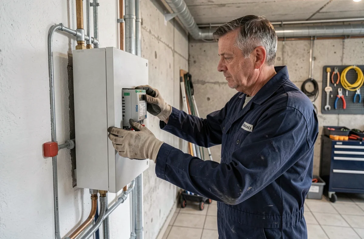 Technicien électricien inspectant un accumulateur électrique mural dans une chaufferie résidentielle