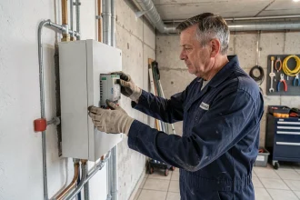 Technicien électricien inspectant un accumulateur électrique mural dans une chaufferie résidentielle