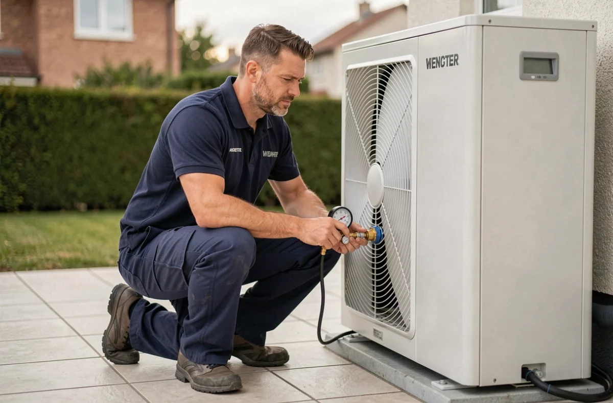 Technicien chauffagiste en train d'installer et de régler une pompe à chaleur air eau Atlantic sur une terrasse résidentielle