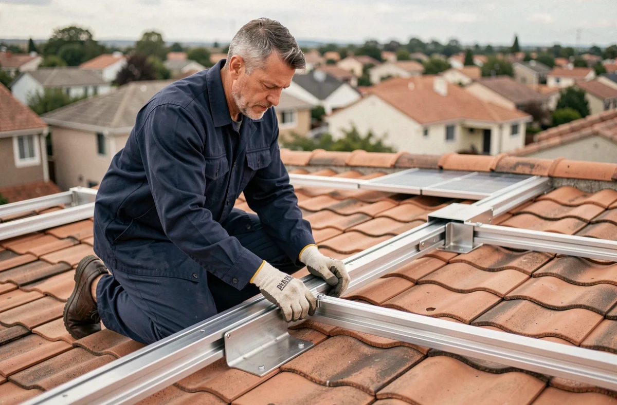 Technicien examinant un kit de fixation en acier inoxydable pour panneau solaire sur un toit en tuiles