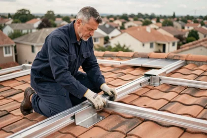 Technicien examinant un kit de fixation en acier inoxydable pour panneau solaire sur un toit en tuiles