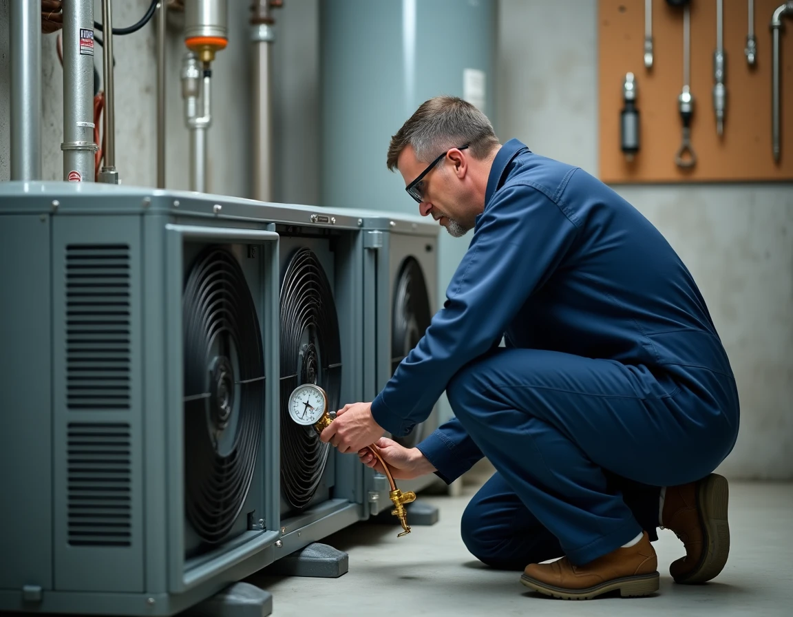 Technicien en train d'inspecter les composants internes d'une pompe à chaleur air eau dans une chaufferie