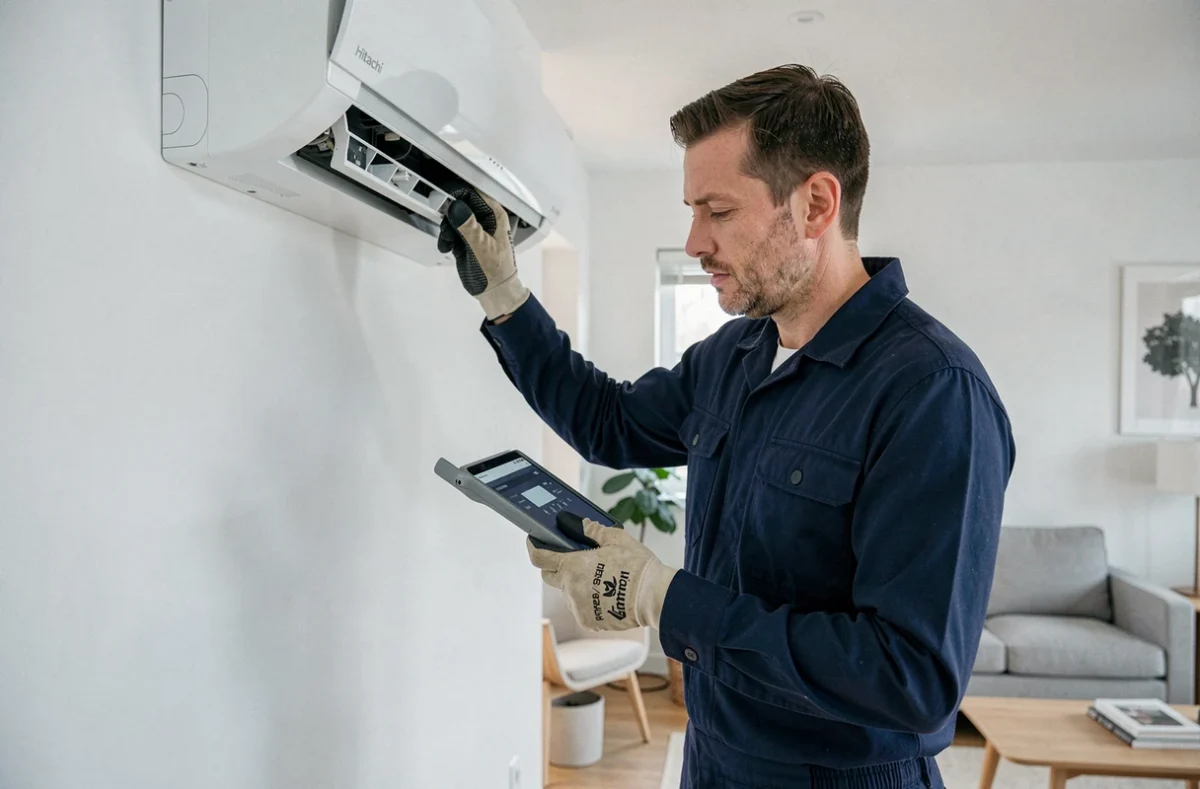 Technicien en train d'effectuer la maintenance d'une pompe à chaleur Hitachi en intérieur dans un salon moderne
