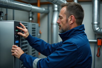 Technicien en ventilation dans une salle mécanique moderne