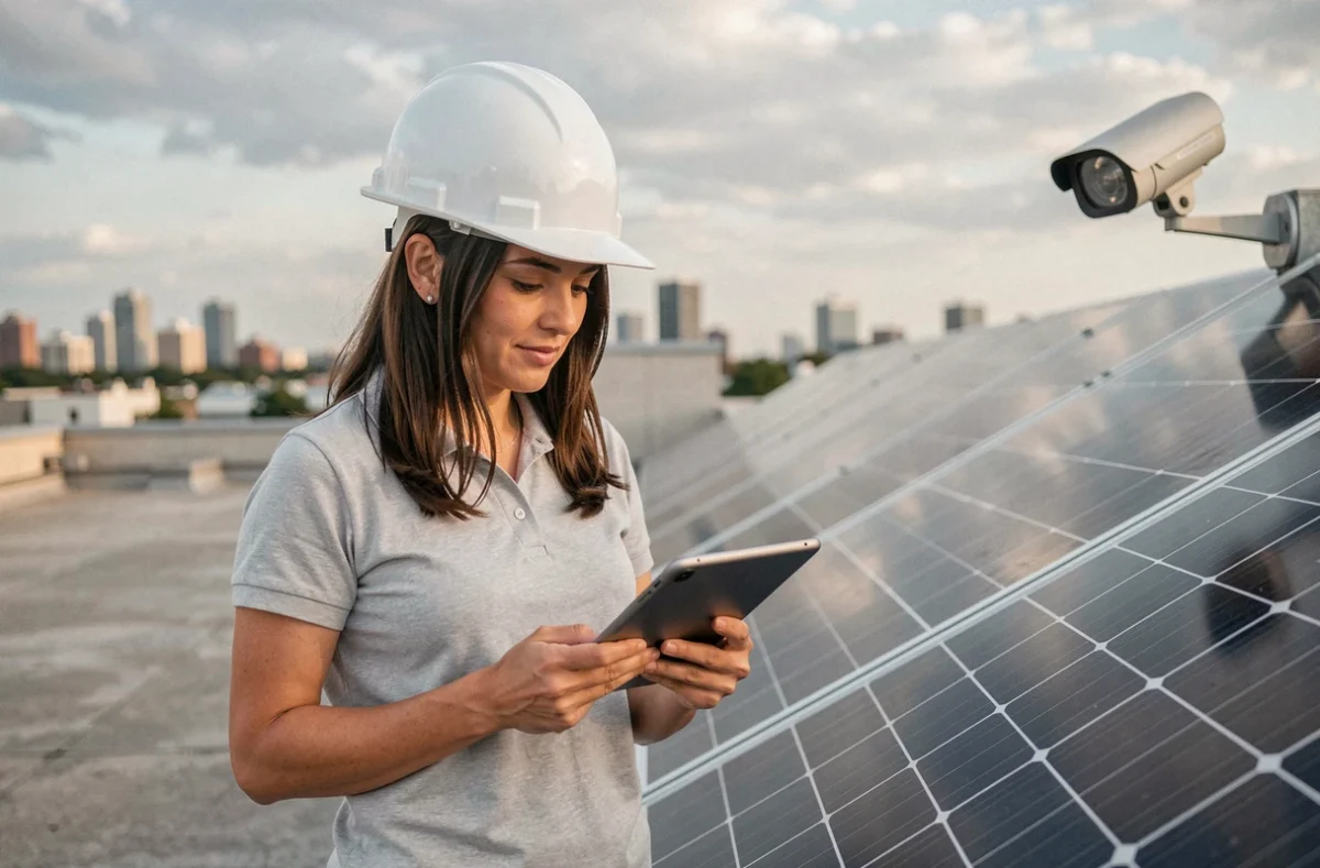 Technicienne vérifiant l'installation d'une caméra sur panneau solaire en toiture commerciale
