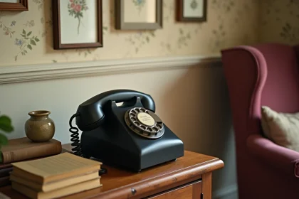 Téléphone à cadran rotatif noir posé sur un buffet en chêne dans un salon décoré en style vintage avec accessoires rétro