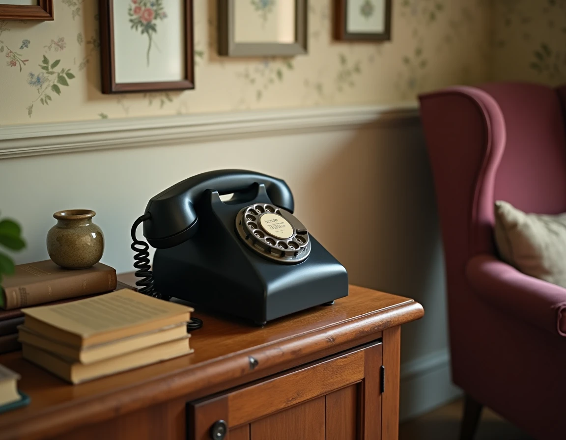 Téléphone à cadran rotatif noir posé sur un buffet en chêne dans un salon décoré en style vintage avec accessoires rétro